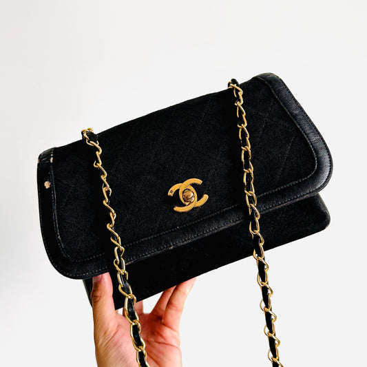Chanel CC Black GHW Logo Classic Diana Envelope Single Flap Quilted Jersey / Lambskin Small Vintage Shoulder Sling Bag Pre Series