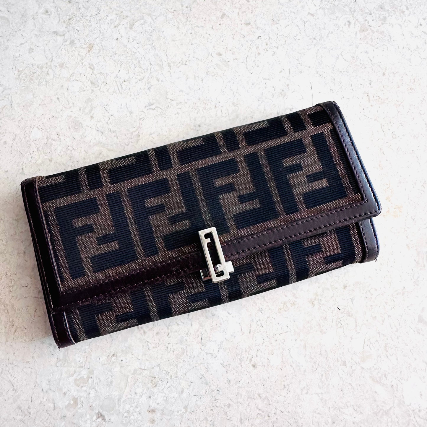 Fendi Dark Brown FF Zucca Zucchino Continental Monogram Logo Flap Long Wallet