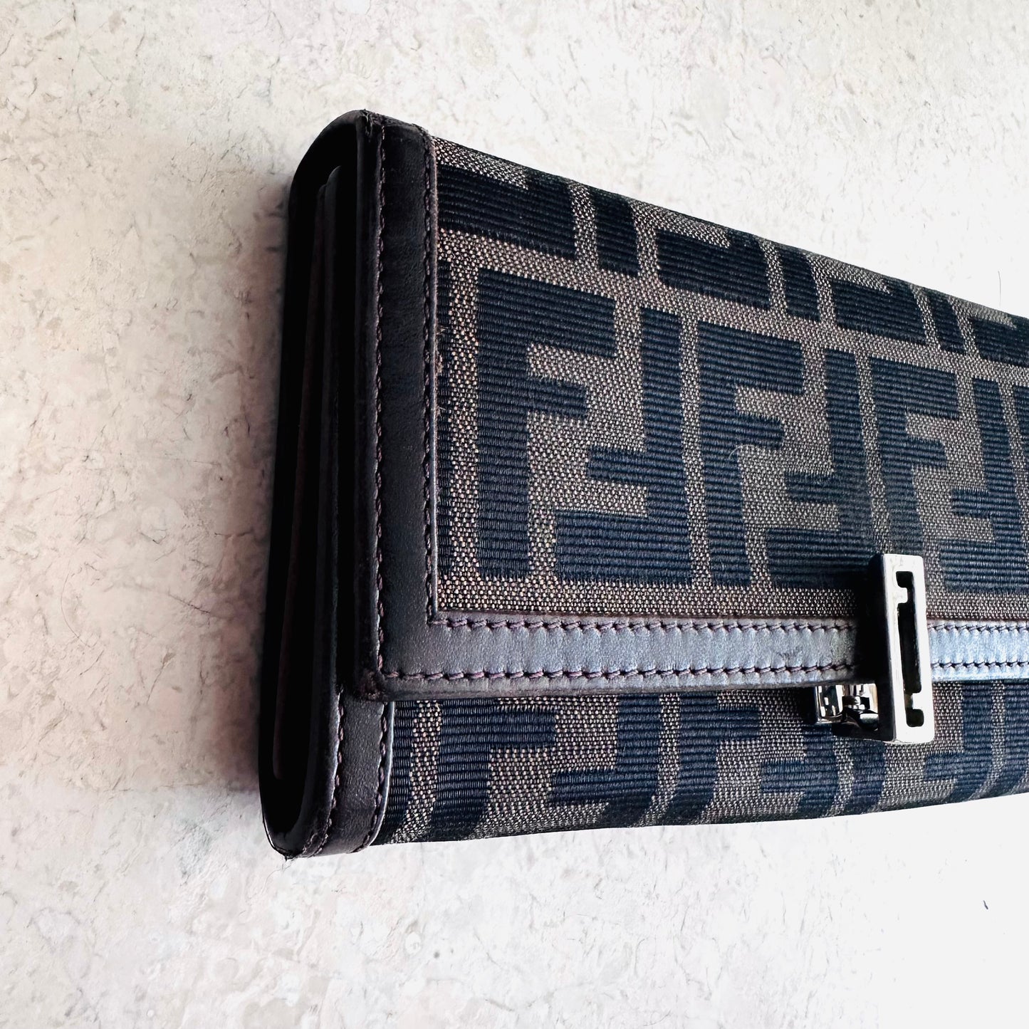 Fendi Dark Brown FF Zucca Zucchino Continental Monogram Logo Flap Long Wallet