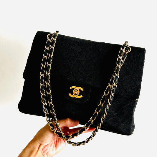 Chanel Black GHW Medium Square Classic Double Flap DF Quilted Jersey Turnlock CC Logo Vintage Shoulder Sling Bag 0s