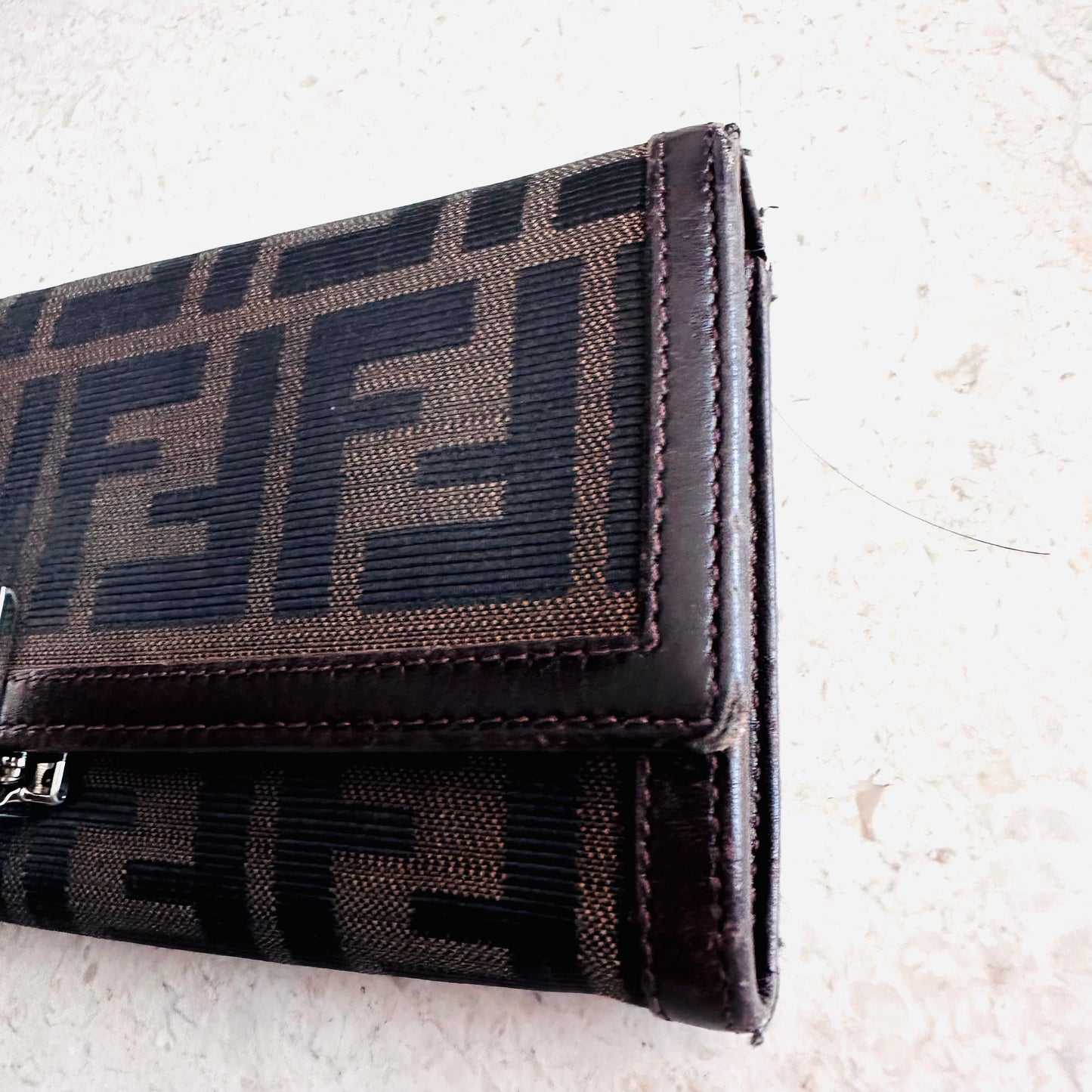 Fendi Dark Brown FF Zucca Zucchino Continental Monogram Logo Flap Long Wallet