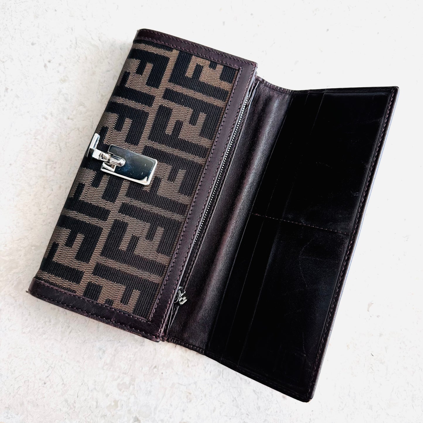 Fendi Dark Brown FF Zucca Zucchino Continental Monogram Logo Flap Long Wallet