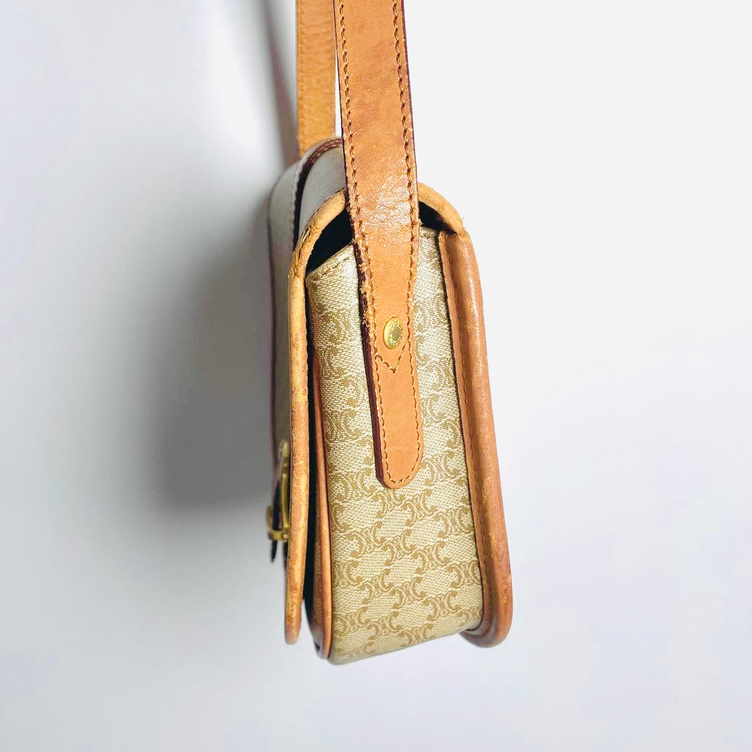 Celine Beige Triomphe Macadam Monogram GHW Logo Full Flap Shoulder Sling Bag
