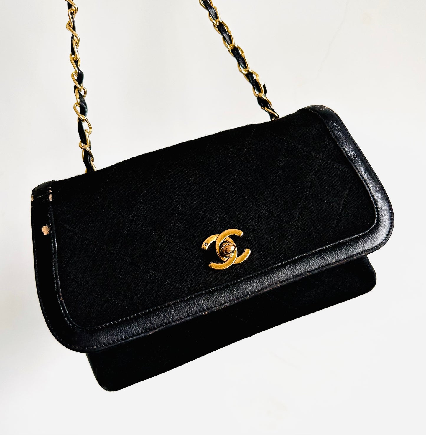 Chanel CC Black GHW Logo Classic Diana Envelope Single Flap Quilted Jersey / Lambskin Small Vintage Shoulder Sling Bag Pre Series