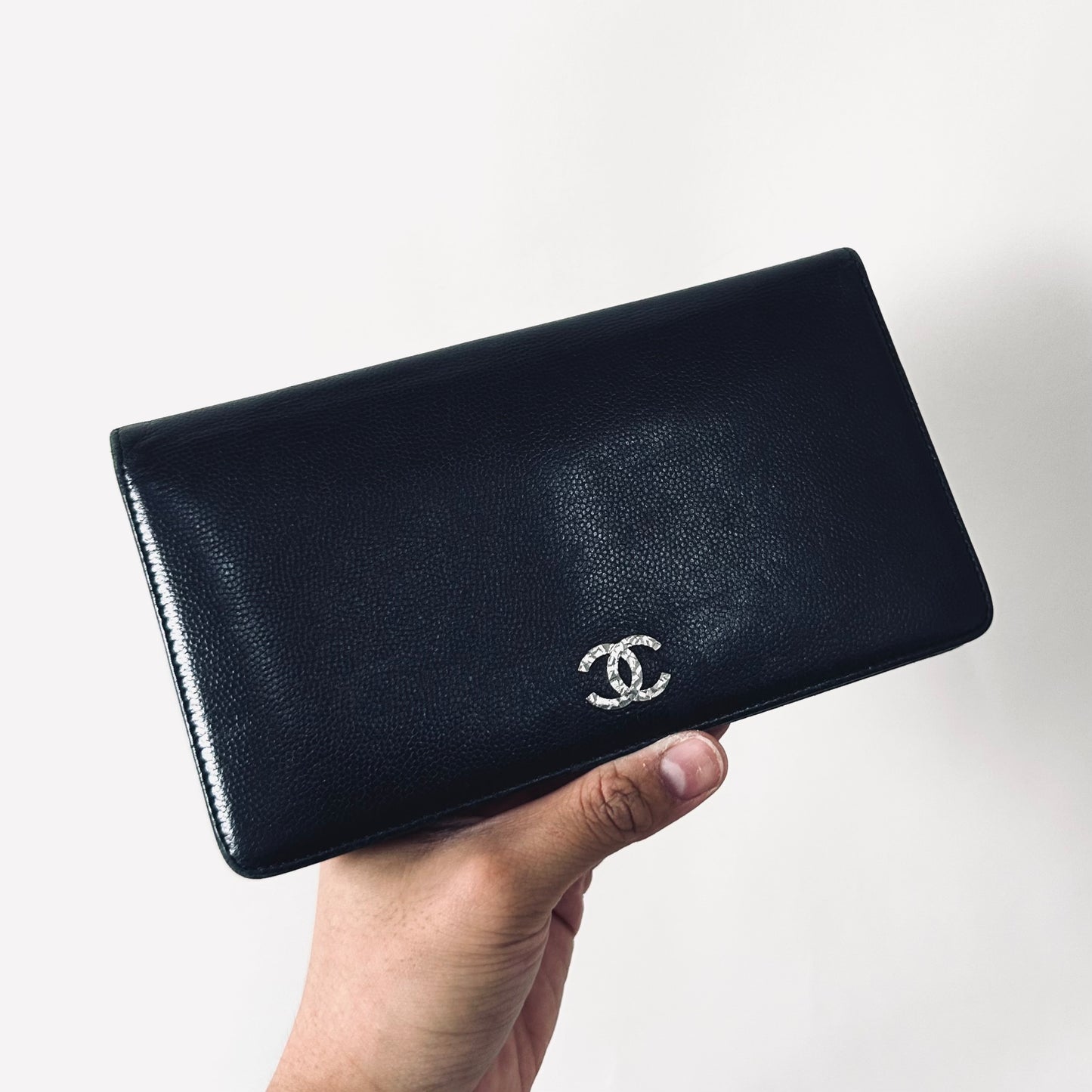 Chanel Black CC Logo Caviar Leather Vintage Bifold Flap Long Wallet