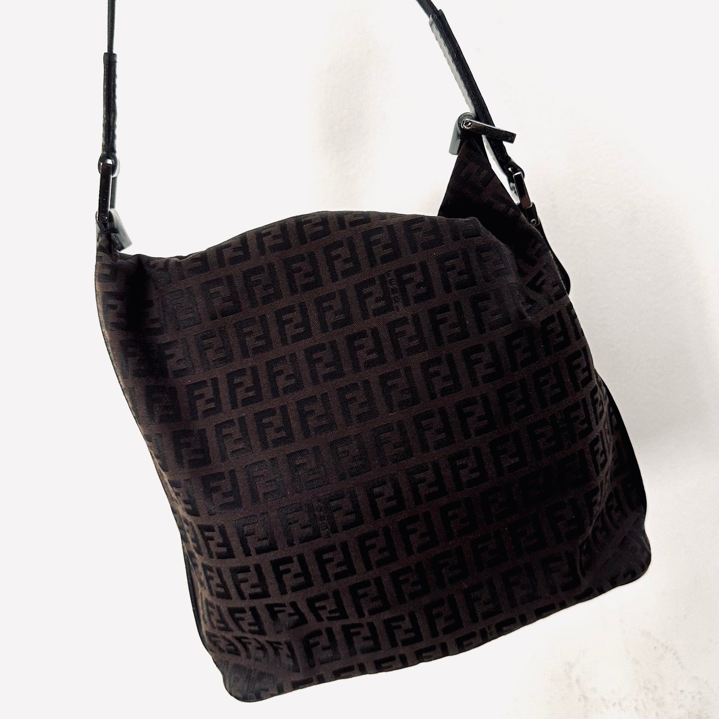 Fendi Dark Brown Zucca FF Monogram Logo Hobo Baguette Bucket Shoulder Sling Bag