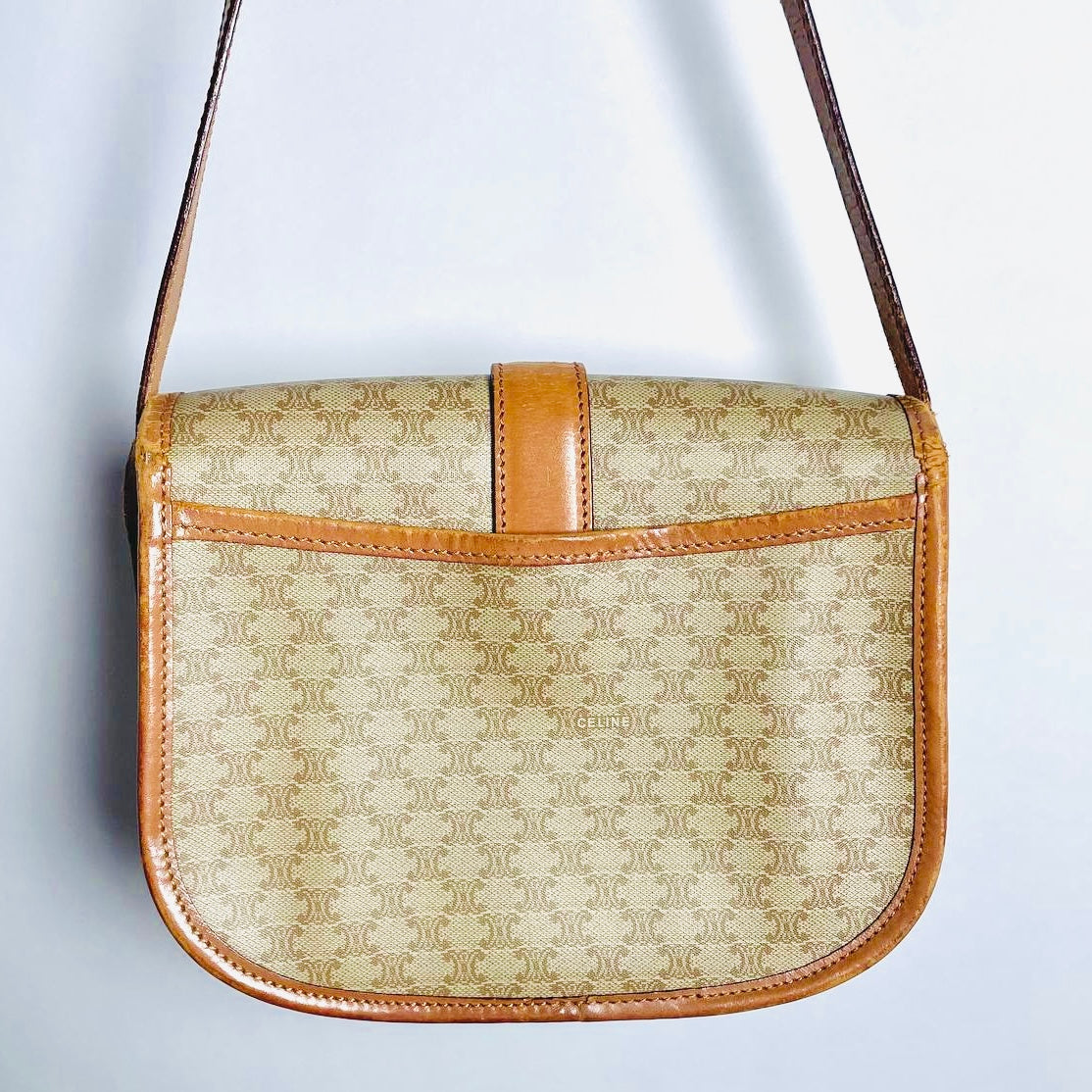Celine Beige Triomphe Macadam Monogram GHW Logo Full Flap Shoulder Sling Bag