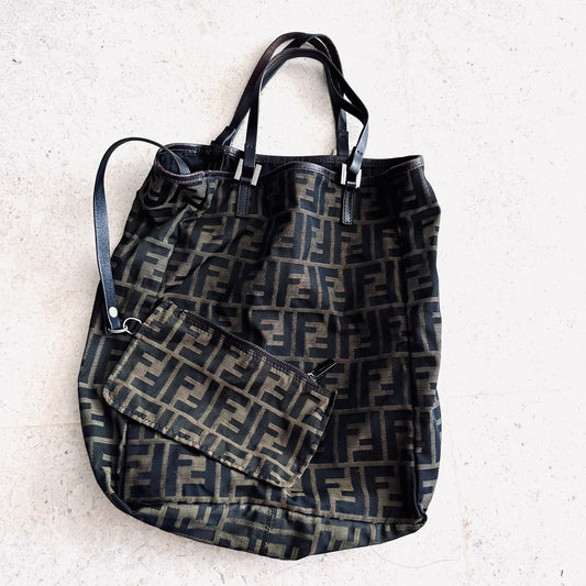 Fendi Brown FF Monogram Logo Zucca Zucchino Shopper Shoulder Tote Bag With Pouch