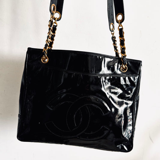 Chanel Black GHW Giant CC Logo Vintage Patent Leather Shopper Shoulder Tote Bag 2s