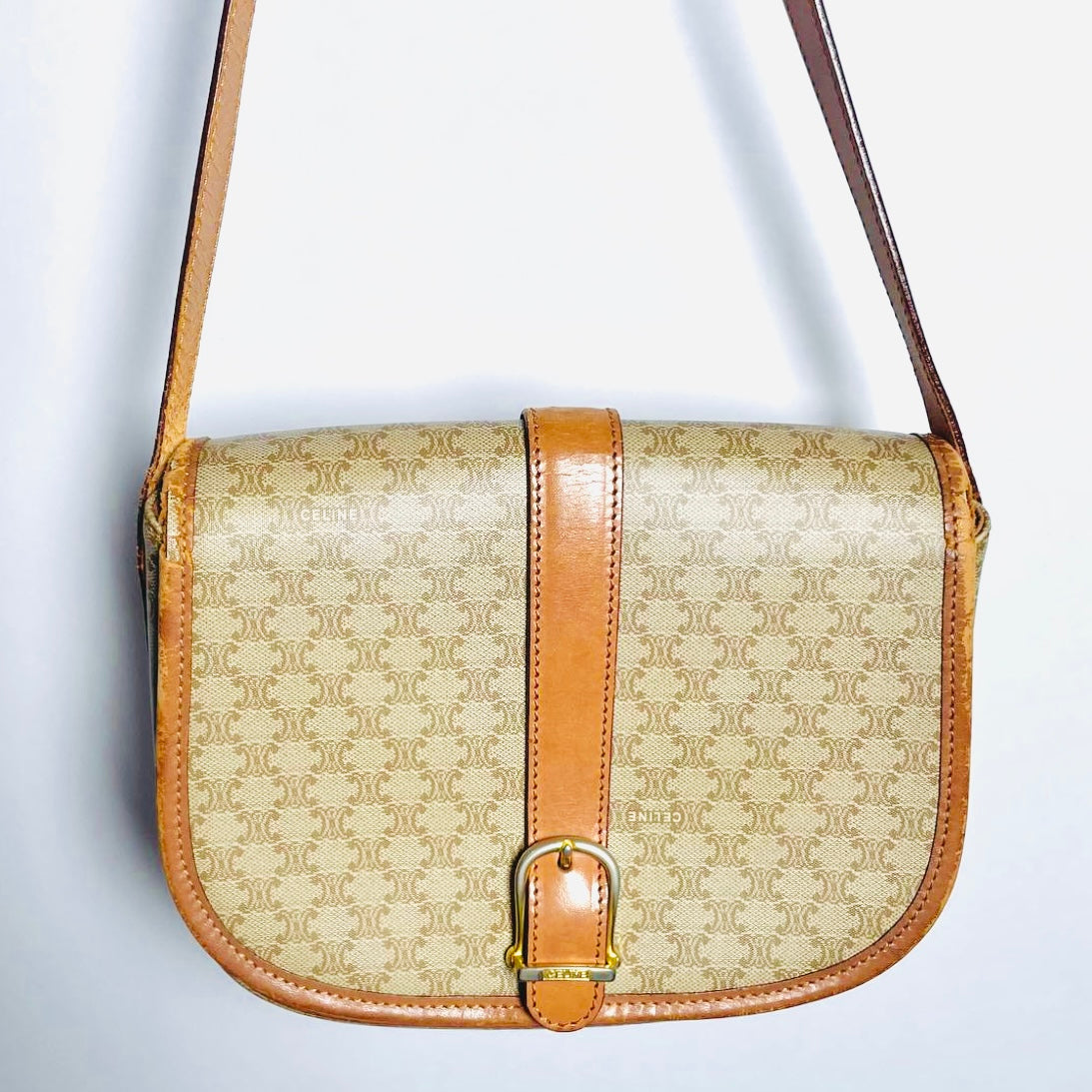 Celine Beige Triomphe Macadam Monogram GHW Logo Full Flap Shoulder Sling Bag