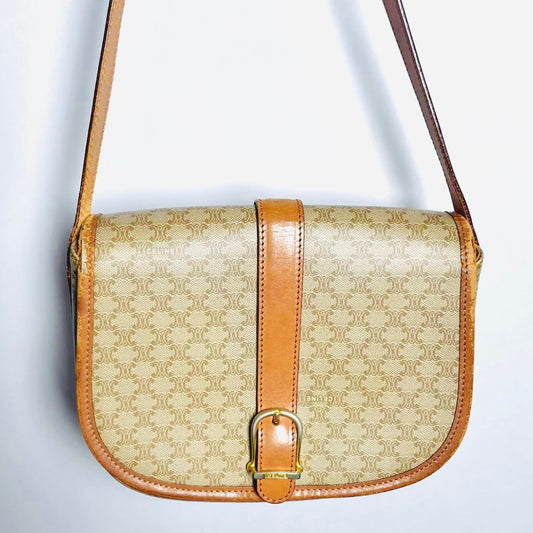 Celine Beige Triomphe Macadam Monogram GHW Logo Full Flap Shoulder Sling Bag