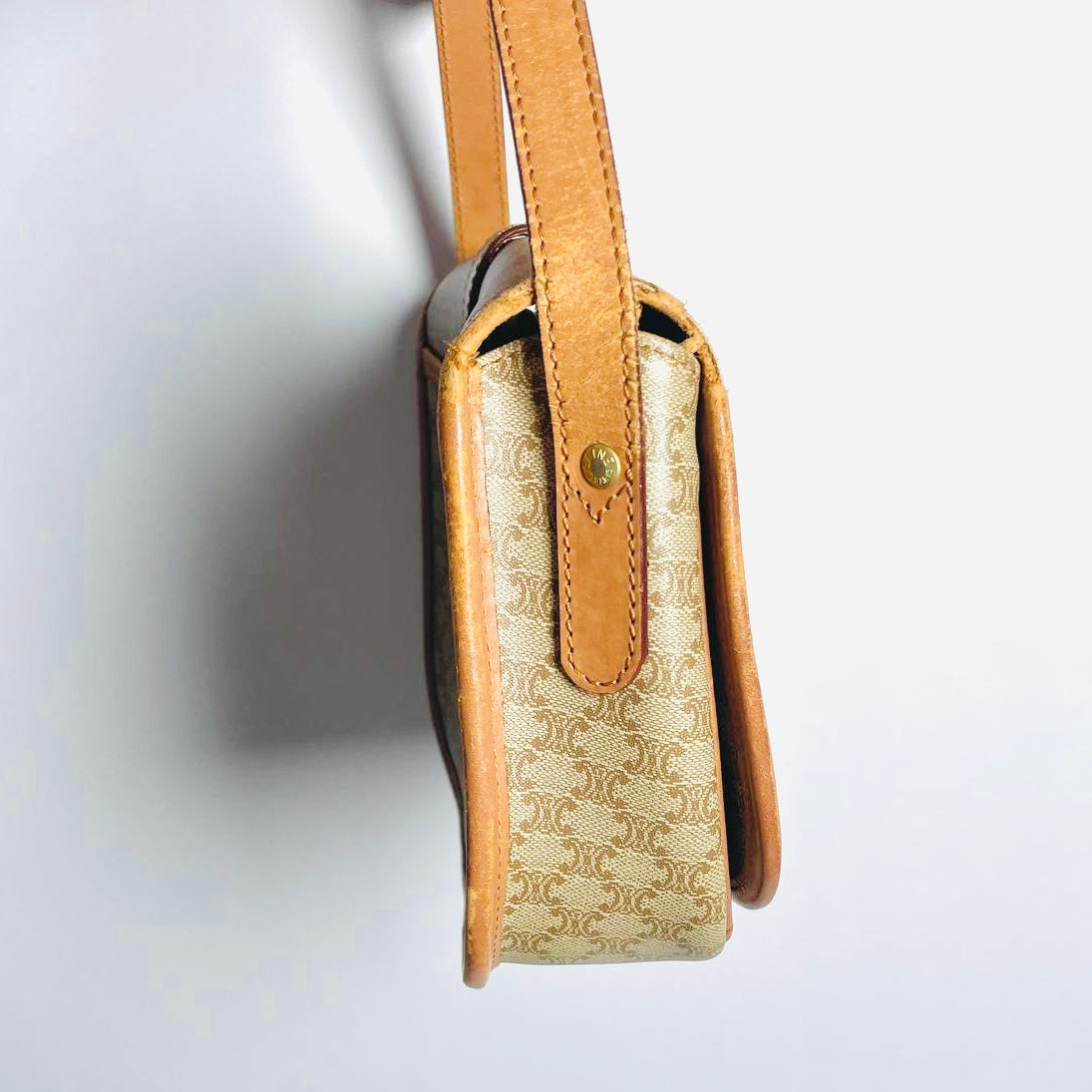 Celine Beige Triomphe Macadam Monogram GHW Logo Full Flap Shoulder Sling Bag