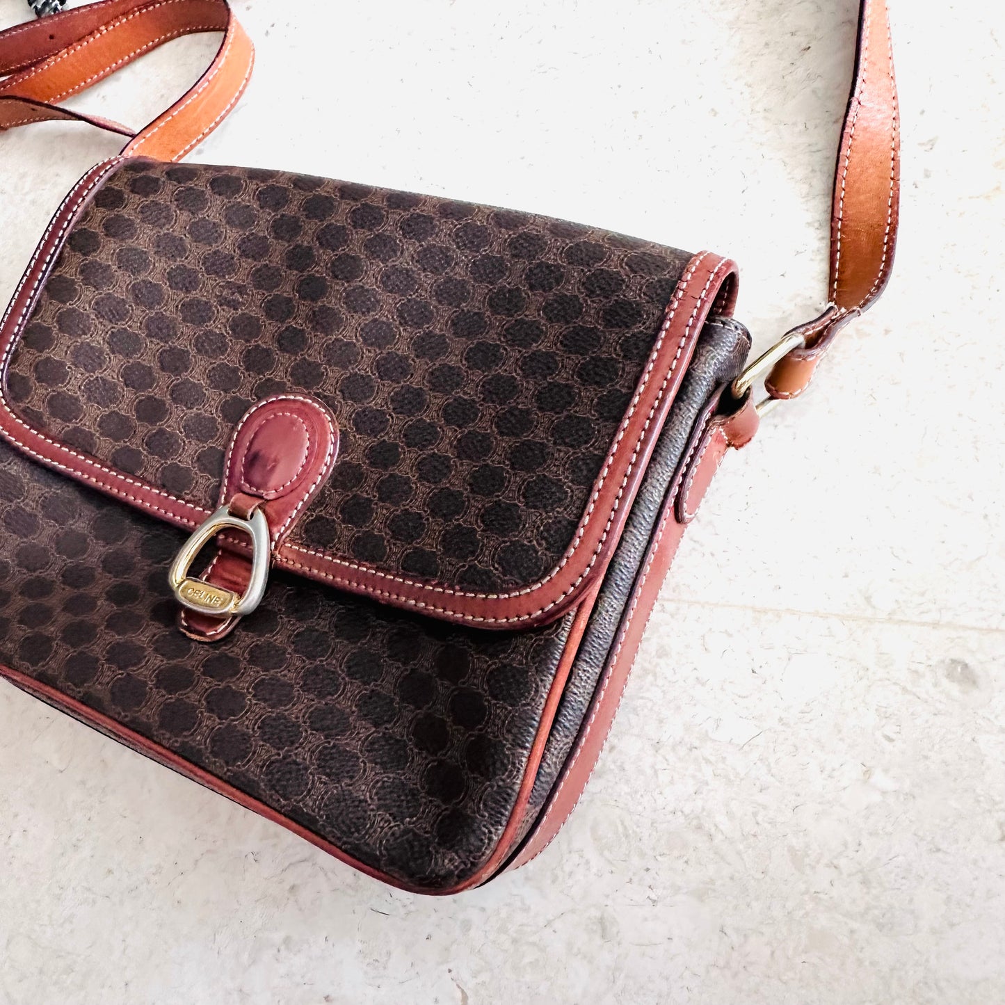 Celine Triomphe Macadam Monogram Logo GHW Vintage Flap Shoulder Sling Bag