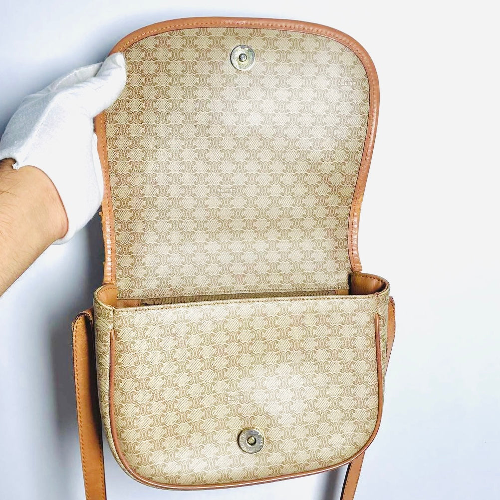Celine Beige Triomphe Macadam Monogram GHW Logo Full Flap Shoulder Sling Bag