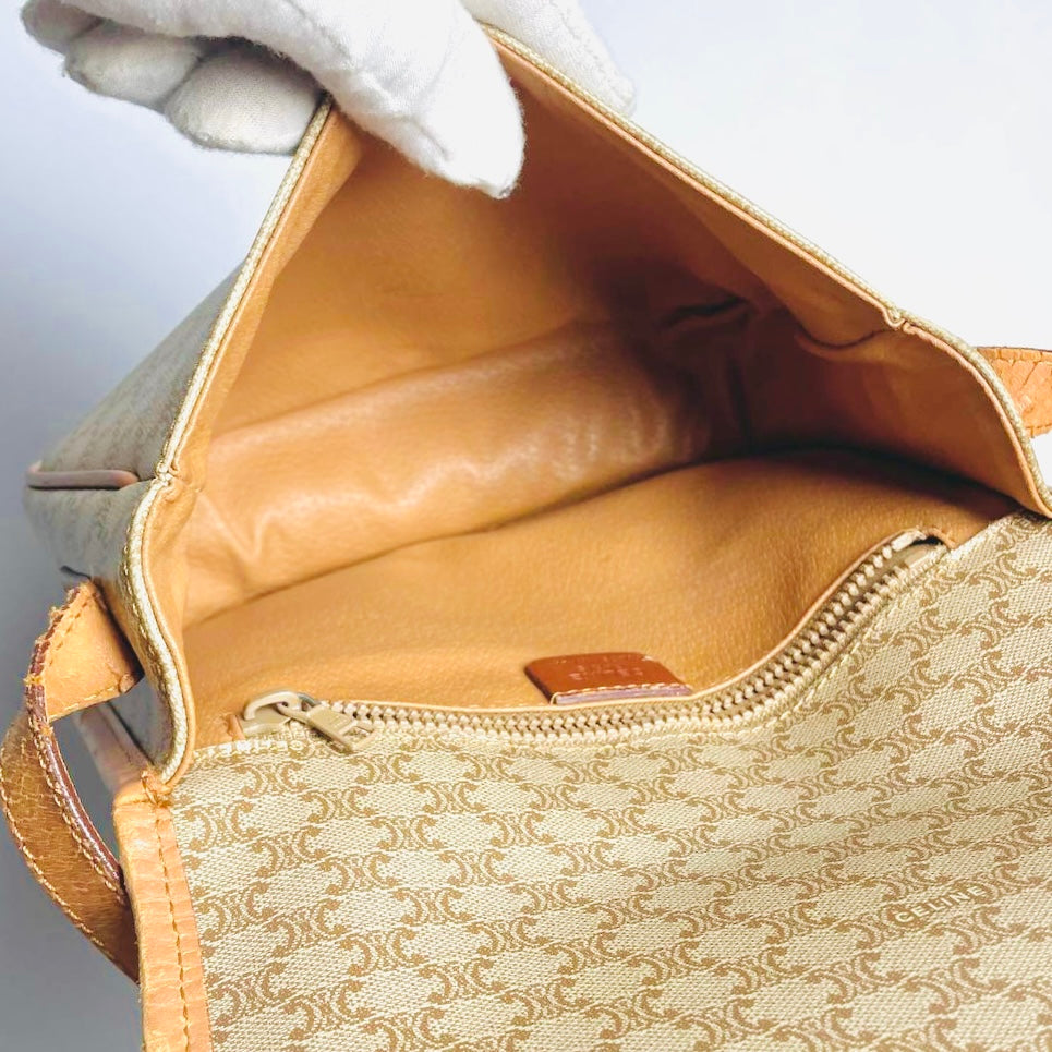 Celine Beige Triomphe Macadam Monogram GHW Logo Full Flap Shoulder Sling Bag