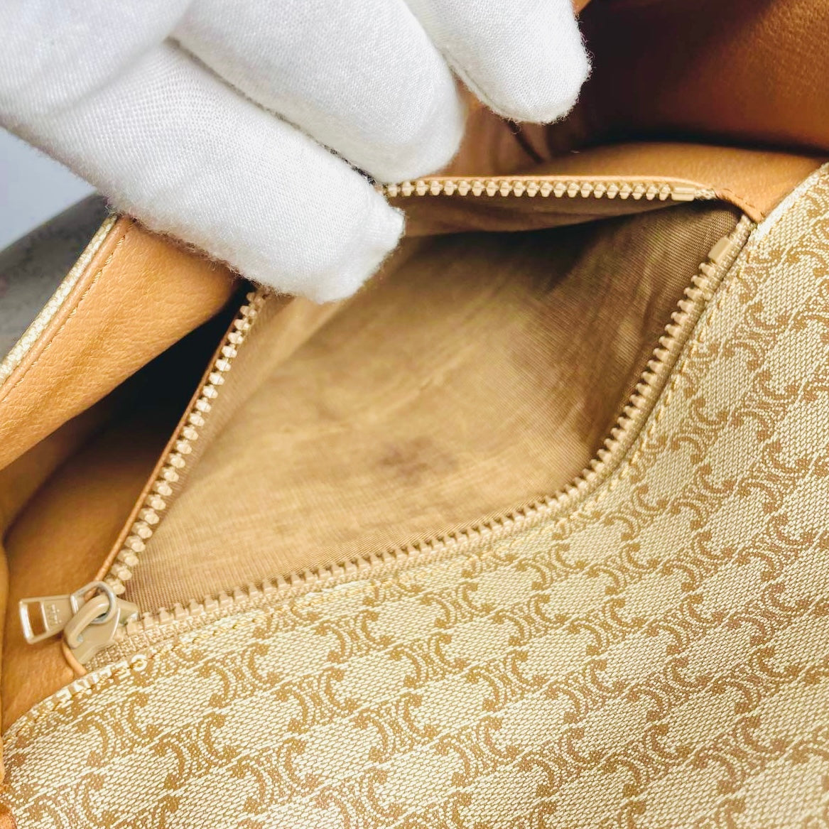 Celine Beige Triomphe Macadam Monogram GHW Logo Full Flap Shoulder Sling Bag