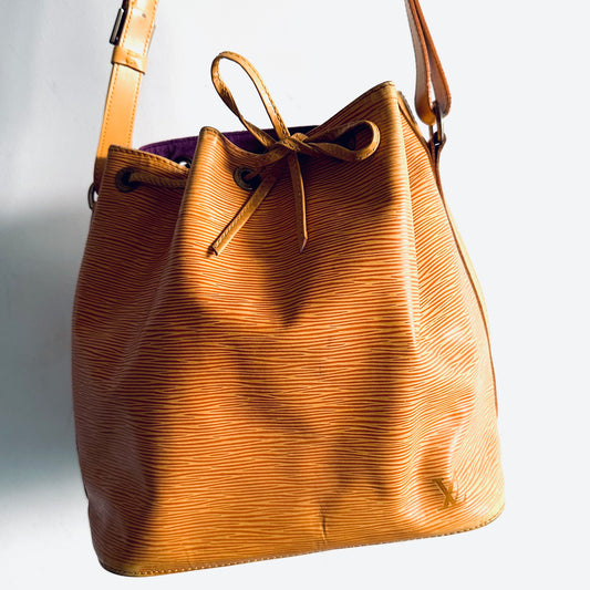 Louis Vuitton LV Mustard GHW Epi Leather Petit Noe Bucket Logo Shoulder Sling Tote Bag