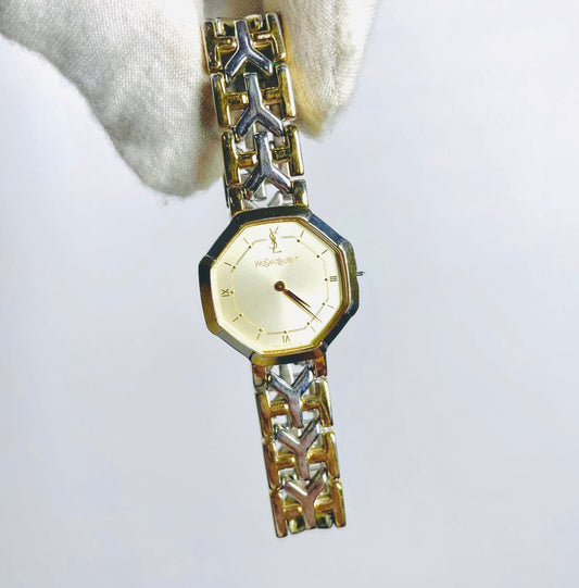 YSL Yves Saint Laurent Octagon Dial Gold & Stainless Steel Monogram Logo 22MM Quartz Watch