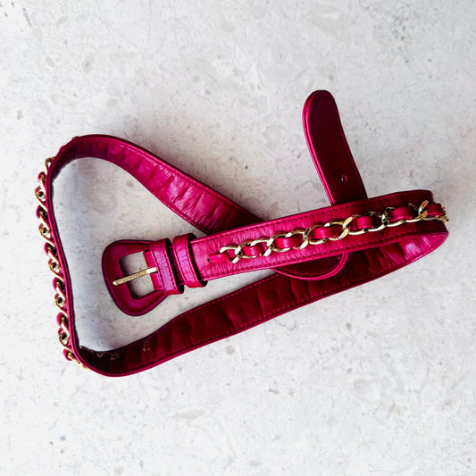 Chanel Signature Cherry Red GHW Chain Smooth Leather Iconic 30MM belt