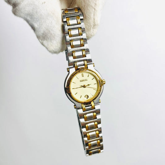 Gucci Gold Round Dial Two Tone Monogram Logo Stainless Steel 25MM 9000L Watch