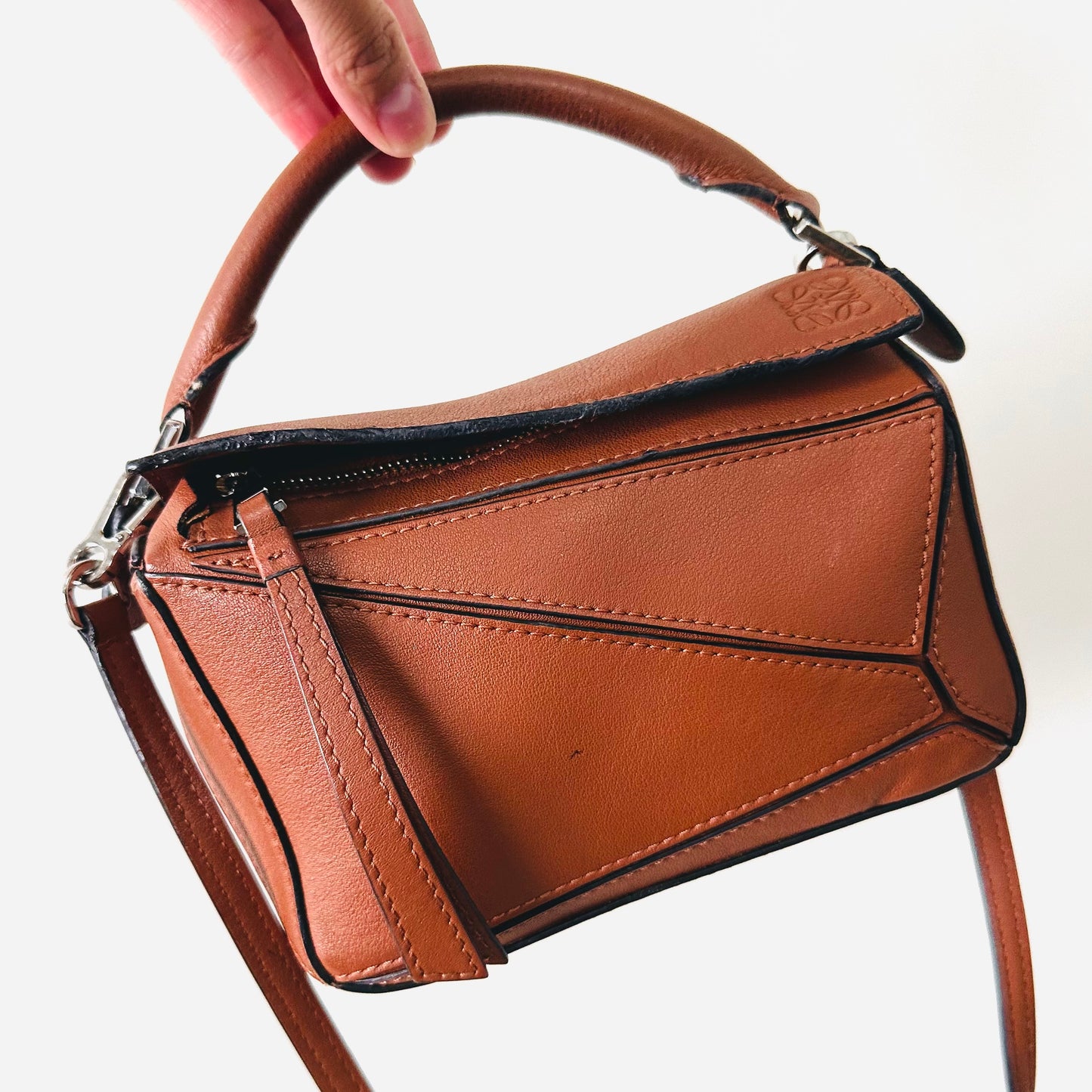 Loewe Tan Brown Mini Puzzle Classic Calfskin Leather Anagram Logo Monogram 2-Way Top Handle Shoulder Sling Bag