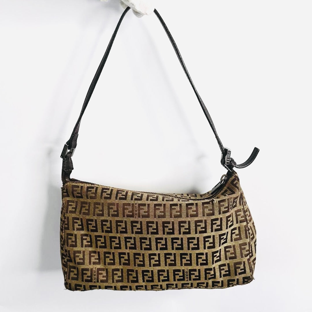 Fendi Brown FF Zucca Zucchino Monogram Logo Pochette Baguette Hobo Shoulder Bag