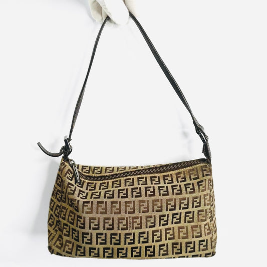 Fendi Brown FF Zucca Zucchino Monogram Logo Pochette Baguette Hobo Shoulder Bag
