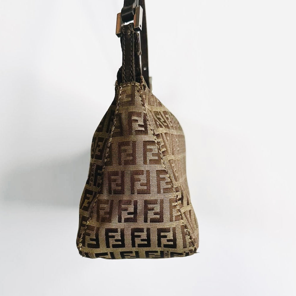 Fendi Brown FF Zucca Zucchino Monogram Logo Pochette Baguette Hobo Shoulder Bag