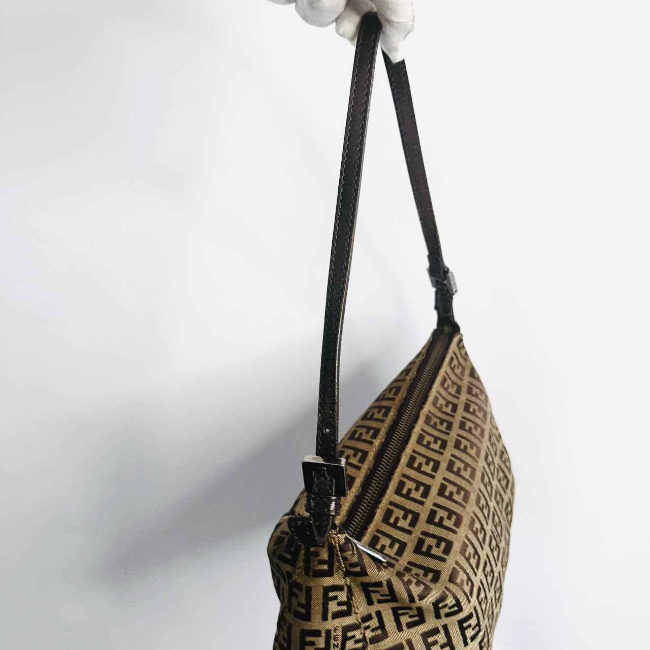 Fendi Brown FF Zucca Zucchino Monogram Logo Pochette Baguette Hobo Shoulder Bag