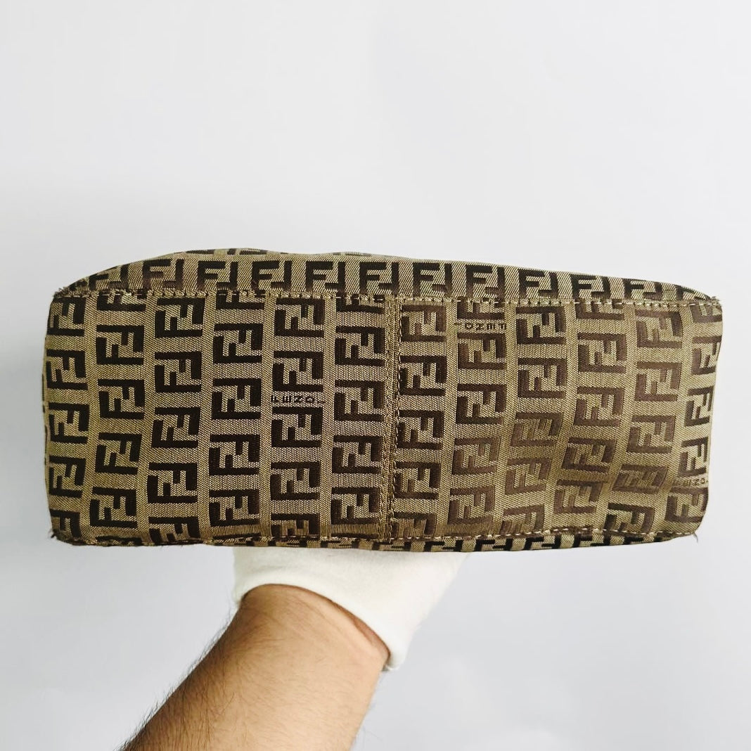 Fendi Brown FF Zucca Zucchino Monogram Logo Pochette Baguette Hobo Shoulder Bag