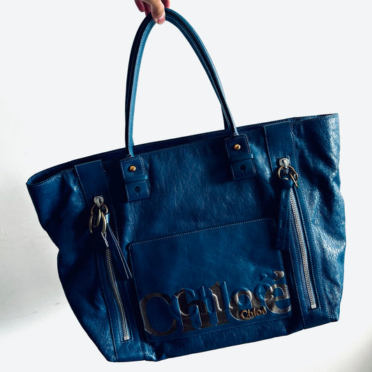 Chloe Eclipse Deep Blue GHW Classic Leather Monogram Logo Shoulder Shopper Tote Bag