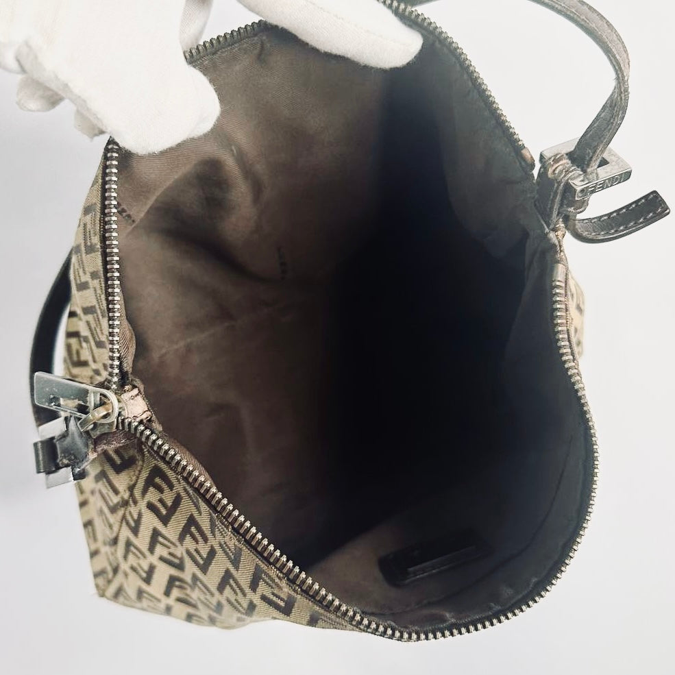 Fendi Brown FF Zucca Zucchino Monogram Logo Pochette Baguette Hobo Shoulder Bag
