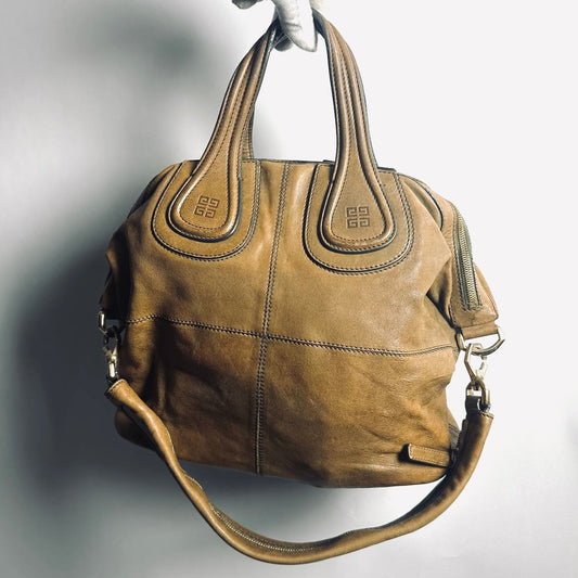 Givenchy Nightingale Caramel Brown GHW Leather Monogram Logo 2-Way Shoulder Sling Top Handle Tote Bag