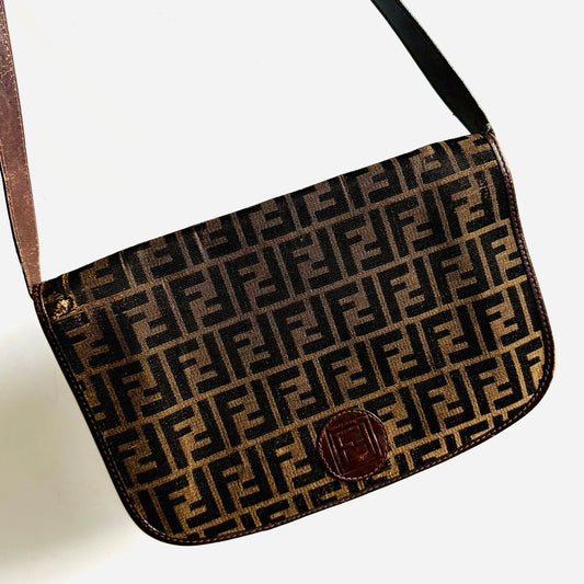 Fendi Brown Zucca FF Monogram Logo Full Flap Shoulder Sling Bag