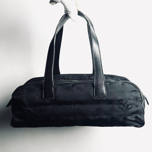 Chanel Black Travel Line East West Quilted Jacquard CC Monogram Logo Shoulder Shopper Boston Tote Bag 7s