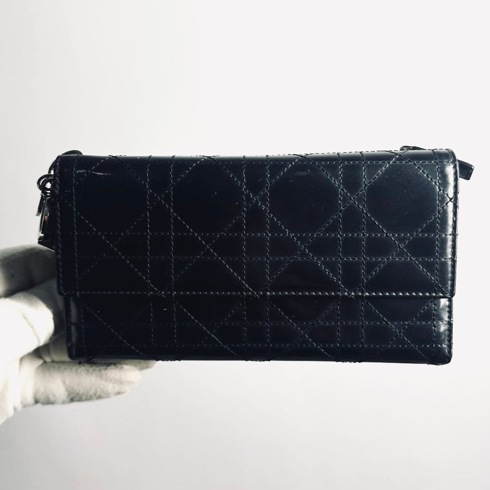Christian Dior CD Black Lady Dior Cannage Quilted Patent Logo Monogram Flap Long Trifold Wallet