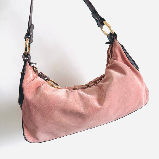 Fendi Pink GHW Suede Monogram Logo Hobo Baguette Pochette Shoulder Bag