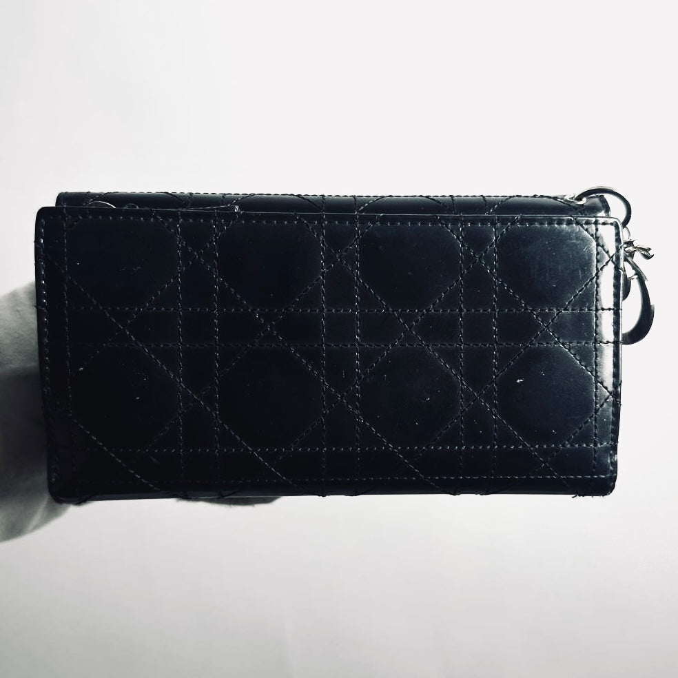 Christian Dior CD Black Lady Dior Cannage Quilted Patent Logo Monogram Flap Long Trifold Wallet