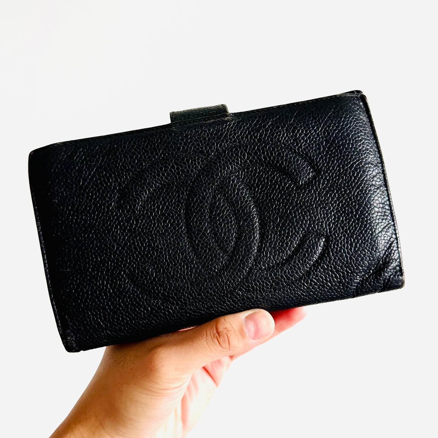 Chanel Black GHW Caviar Giant CC Logo Vintage Flap Bifold Long Wallet 3s