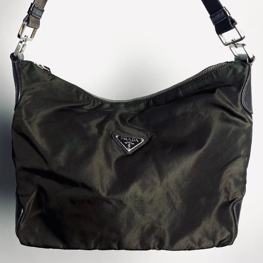 Prada Dark Khaki Tessuto Monogram Logo Hobo Baguette Shoulder Bag