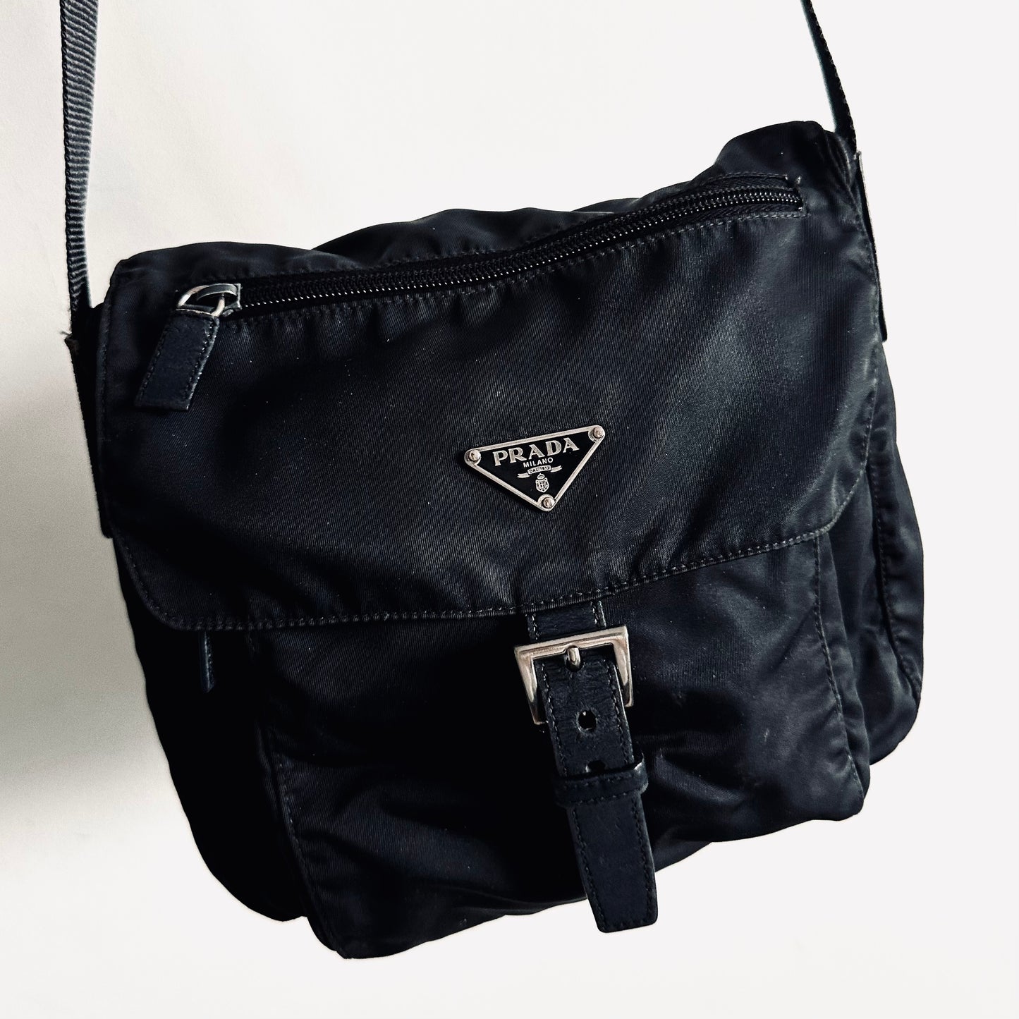 Prada Black Tessuto Sport Logo Classic Nylon & Leather Flap Shoulder Sling Bag