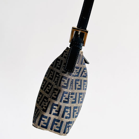 Fendi Navy Blue FF Zucca Monogram Logo Pochette Baguette Hobo Shoulder Bag
