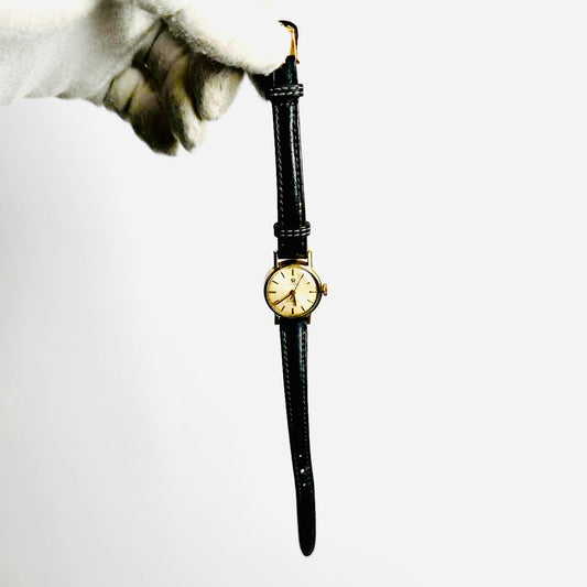Omega Ladymatic Gold/ White Round Dial Black Leather Strap Automatic 19MM Vintage Watch