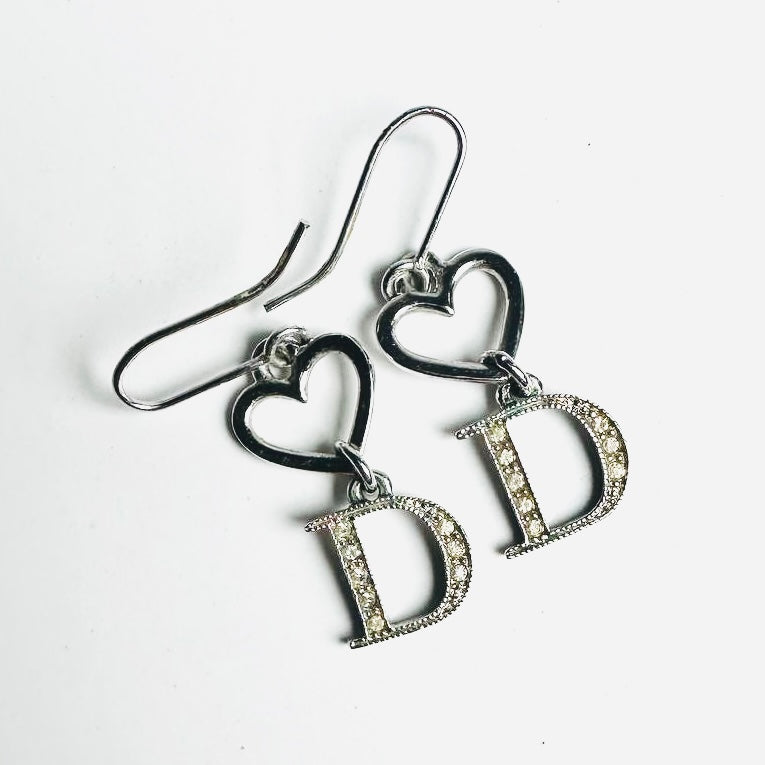 Christian Dior CD Giant Monogram Logo Silver Heart & Crystals Vintage Stud Dangling Earrings