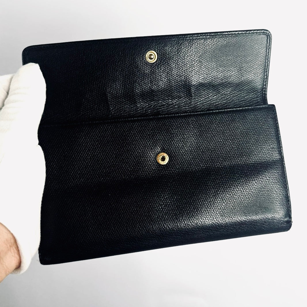Chanel Black GHW CC Logo Grained Calfskin Leather Vintage Bifold Flap Long Wallet 8s