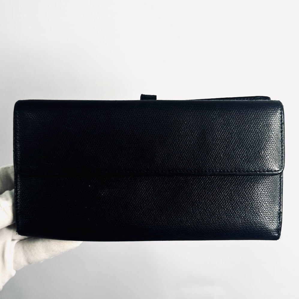 Chanel Black GHW CC Logo Grained Calfskin Leather Vintage Bifold Flap Long Wallet 8s