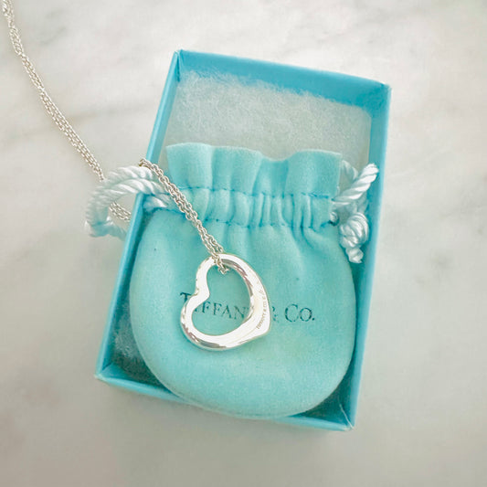 Tiffany & Co T&C Elsa Perreti Open Heart Pendant 925 Sterling Silver Chain Necklace