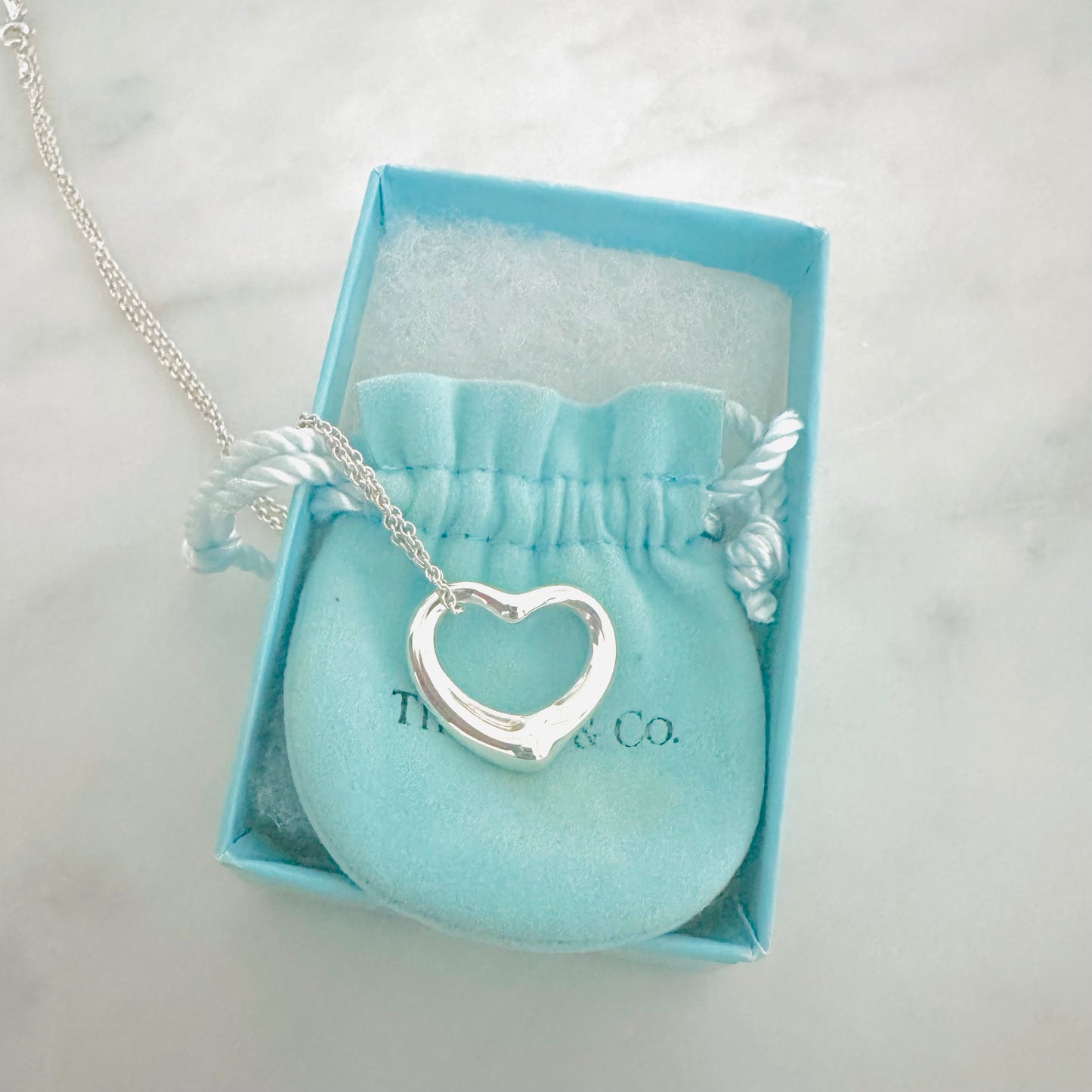 Tiffany & Co T&C Elsa Perreti Open Heart Pendant 925 Sterling Silver Chain Necklace