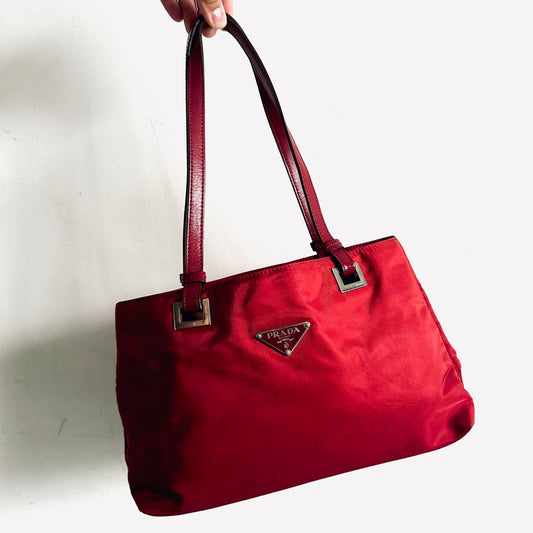 Prada Acciaio Cerise Red Tessuto Logo Classic Nylon & Leather Shoulder Shopper Tote Bag