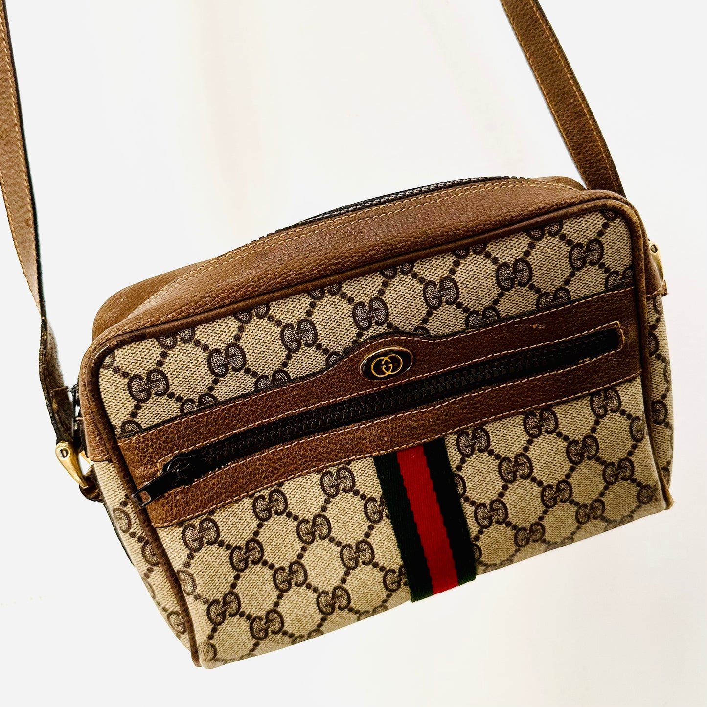 Gucci Beige GHW Ophidia GG Monogram Logo Web Striped Camera Shoulder Sling Bag